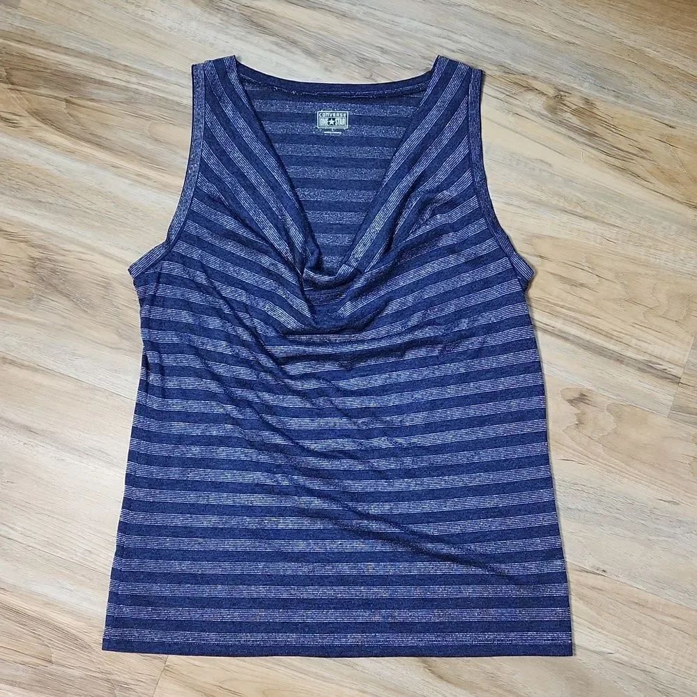 🔺️Converse Blue & Metallic Silver Striped Cowl Neck Sleeveless Top Large